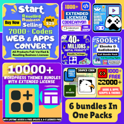 6 Mega Bundles In One Pack Just $129. All are full Resell Rights With Commercials and Extend License With Lifetime Update